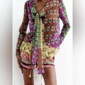 Zara Mixed-Print Tie-Front Womens Top small Ptp 19